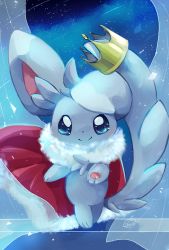 Rule 34 | blue eyes, cape, closed mouth, commentary request, creatures (company), crown, full body, fur-trimmed cape, fur trim, game freak, gen 5 pokemon, highres, minccino, nintendo, no humans, pokemon, pokemon (creature), pomuchi, red cape, smile, solo, tiptoes, watermark