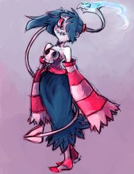 Rule 34 | 1girl, bare shoulders, blue hair, corset, detached sleeves, full body, hair over one eye, leviathan (skullgirls), long hair, long skirt, pale skin, red eyes, rubin, side ponytail, skirt, skull, skullgirls, smile, socks, solo, squigly (skullgirls), stitched mouth, stitches, striped clothes, striped legwear, striped socks, zombie