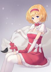 Rule 34 | 1girl, alice margatroid, blonde hair, blue eyes, bow, bowtie, closed mouth, commentary request, grey background, hair between eyes, highres, kanpa (campagne 9), pom pom (clothes), red bow, red bowtie, simple background, smile, solo, thighhighs, touhou, white thighhighs