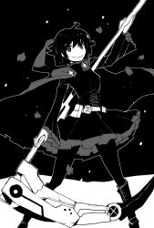 Rule 34 | 1girl, cape, corset, crescent rose, dowman sayman, greyscale, highres, hood, looking at viewer, monochrome, pantyhose, ruby rose, rwby, scythe, smile, solo, weapon