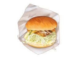 Rule 34 | aon968, burger, cheese, commentary, fish (food), fish burger, food, food focus, fried fish, lettuce, no humans, original, realistic, signature, simple background, still life, white background