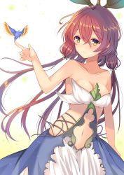 Rule 34 | 10s, 1girl, animal, bare shoulders, bird, bird on hand, blush, breasts, cleavage, closed mouth, clothing cutout, collarbone, dress, eyebrows, gradient background, granblue fantasy, hair between eyes, highres, index finger raised, leaf, long hair, low twintails, monster girl, nan (jyomyon), navel cutout, orange eyes, pink hair, plant, plant girl, small breasts, smile, solo, strapless, strapless dress, thorns, twintails, vines, yggdrasill (granblue fantasy)