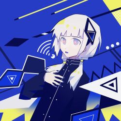 Rule 34 | 1girl, abstract background, absurdres, black jacket, blue background, blue eyes, blue nails, blue tongue, blunt bangs, cevio, colored tongue, commentary, diamond hair ornament, dutch angle, ganezugarrrrr, hair over shoulder, halftone, hand on own chest, highres, jacket, kafu (cevio), kamitsubaki studio, long sleeves, low twintails, multicolored background, multicolored eyes, no coat, open mouth, red eyes, solo, sound wave, turtleneck, twintails, upper body, white hair, yellow background, yellow pupils