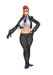 Rule 34 | 1girl, :o, bad id, bad pixiv id, belt, belt buckle, black jacket, black pants, blue eyes, boots, braid, braided ponytail, breasts, buckle, business suit, capcom, cleavage, cosine (artist), crimson viper, crop top, cropped jacket, curvy, earrings, formal, gloves, hand on own hip, jacket, jewelry, large breasts, long hair, long sleeves, mature female, midriff, navel, necktie, open mouth, pants, red hair, shirt, street fighter, street fighter iv (series), suit, sunglasses, tight clothes, tight pants, white background, white shirt, wide hips