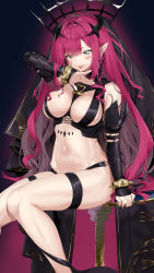 Rule 34 | 1girl, absurdres, bare shoulders, black panties, bracelet, breasts, bridal gauntlets, detached sleeves, earrings, baobhan sith (fate), baobhan sith (second ascension) (fate), fate/grand order, fate (series), grey eyes, highres, jewelry, large breasts, long hair, looking at viewer, nail polish, navel, panties, pink hair, pixel (yuxian), pointy ears, revealing clothes, sidelocks, solo, thigh strap, thighs, tiara, underwear, veil