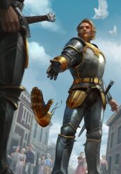 Rule 34 | armor, beard, bird, blonde hair, blue sky, building, cloud, cloudy sky, dove, dueling gauntlet, european architecture, european clothes, facial hair, gwent (game), highres, holding, holding sword, holding weapon, multiple boys, multiple girls, mustache, non-web source, outdoors, short hair, sky, sword, the witcher (series), weapon, dove