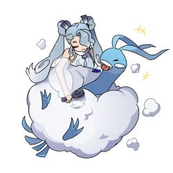 Rule 34 | 1girl, altaria, blue gloves, blue hair, brushing, chamcci, closed eyes, closed mouth, creatures (company), detached sleeves, double bun, flying miku (project voltage), game freak, gen 3 pokemon, gloves, gradient hair, grey hair, hair brush, hair bun, hair ornament, hair over one eye, hatsune miku, heart, heart in mouth, highres, holding, holding hair brush, long hair, multicolored hair, nintendo, open mouth, pokemon, pokemon (creature), project voltage, see-through, see-through sleeves, simple background, smile, twintails, very long hair, vocaloid, white background