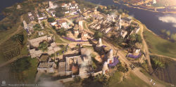 Rule 34 | assassin&#039;s creed: origins, assassin&#039;s creed (series), building, bush, cityscape, commentary request, darkhikari, day, farm, flower, from above, full body, highres, house, outdoors, palm tree, purple flower, river, scenery, smoke, tower, town, tree, ubisoft, walking, water, watermark