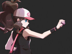 Rule 34 | 1girl, bag, baseball cap, black background, black vest, blue eyes, brown hair, closed mouth, commentary request, creatures (company), dream ball, eyelashes, game freak, hand up, hat, high ponytail, highres, hilda (pokemon), holding, holding poke ball, long hair, mayuzumi, nintendo, poke ball, pokemon, pokemon bw, shoulder bag, sidelocks, solo, two-tone headwear, upper body, vest, wristband