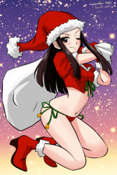 Rule 34 | 1girl, alternate costume, artist name, bell, bikini, boots, brown eyes, brown hair, christmas, commentary, cropped jacket, dated, full body, fur-trimmed jacket, fur trim, girls und panzer, gloves, gradient sky, hat, high heel boots, high heels, holding, holding sack, jacket, kneeling, long hair, matsui yasutsugu, navel, night, one eye closed, over shoulder, red bikini, red footwear, red gloves, red hat, red jacket, sack, saemonza (girls und panzer), santa bikini, santa boots, santa gloves, santa hat, short sleeves, side-tie bikini bottom, signature, sky, solo, star (sky), starry sky, straight hair, swimsuit
