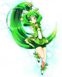 Rule 34 | 10s, 1girl, arms up, bike shorts, bike shorts under skirt, bow, bowtie, brooch, choker, cure march, dress, full body, green bow, green bowtie, green dress, green eyes, green hair, green shorts, green skirt, green theme, jewelry, long hair, magical girl, matching hair/eyes, midorikawa nao, ponytail, precure, shoes, shorts, shorts under skirt, skirt, smile, smile precure!, solo, tri tails, yuzucky