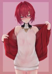 Rule 34 | 1girl, ange katrina, ange katrina (1st costume), blue eyes, blush, commentary, hair ornament, hairclip, heart, highres, jacket, looking at viewer, navel, nijisanji, pink background, red hair, see-through, shirt, short hair, simple background, solo, sweat, thighhighs, toshise., virtual youtuber, white shirt
