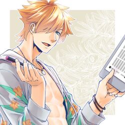 Rule 34 | 1boy, abs, border, bracelet, fate/grand order, fate (series), fingernails, green eyes, hair over one eye, holding, holding pen, holding tablet pc, jacket, jewelry, male focus, necklace, open clothes, open jacket, open mouth, pen, robin hood (fate), robin hood (summer hunter) (fate), short hair, solo, tablet pc, upper body, white border, yew (rainyroof)