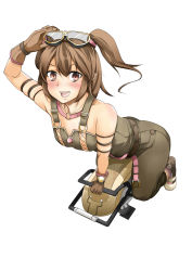 Rule 34 | 1girl, :d, adjusting goggles, arm support, armlet, bare shoulders, brown hair, collar, gloves, goggles, goggles on head, highres, leaning forward, looking at viewer, ole tower, open mouth, overalls, rammer (ole tower), short hair, simple background, smile, solo, straddling, tenko (gintenko), twintails, white background