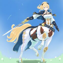 Rule 34 | 1girl, black bow, blonde hair, blue capelet, blue eyes, blue sky, bow, breasts, capelet, centaur, closed mouth, coattails, commentary, commission, dandelion, day, detached collar, detached sleeves, english commentary, favonius sword (genshin impact), flower, full body, gauntlets, genshin impact, gloves, grass, hair between eyes, hair bow, highres, holding, holding sword, holding weapon, hooves, horse tail, jean (genshin impact), long hair, looking at viewer, medium breasts, monster girl, monsterification, multiple legs, n007 (nmu007), pants, ponytail, second-party source, shadow, shirt, sidelocks, skeb commission, sky, smile, solo, standing, strapless, strapless shirt, sword, tail, taur, tight clothes, tight pants, weapon, white pants, white shirt, white sleeves