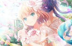 Rule 34 | 2girls, aqua eyes, back-to-back, bow, closed mouth, collarbone, crossed bangs, dress, dress bow, dress flower, facing away, falling petals, flower, game cg, hair flower, hair ornament, halter dress, halterneck, highres, hinoshita kaho, holding, holding microphone, lace-trimmed hair ornament, lace wrist cuffs, lens flare, link! like! love live!, long hair, looking at viewer, love live!, medium hair, microphone, multiple girls, off-shoulder dress, off shoulder, official art, orange hair, otomune kozue, petals, pink flower, pink petals, pink rose, purple hair, rose, side-tie dress, side ponytail, smile, solo focus, streamers, third-party source, two-handed, two side up, virtual youtuber, white bow, white dress, wrist bow