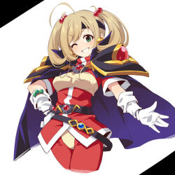 Rule 34 | 1girl, :d, \||/, ahoge, armor, black background, black headband, breasts, brown hair, cape, cosplay, cropped legs, gloves, green eyes, grin, hair bobbles, hair ornament, hand on own hip, headband, idolmaster, idolmaster cinderella girls, jacket, lina inverse, lina inverse (cosplay), looking at viewer, one eye closed, open mouth, pants, pauldrons, purple cape, red jacket, red pants, revision, sato shin, short sleeves, shoulder armor, slayers, small breasts, smile, solo, twintails, two-tone background, uccow, white background, white gloves