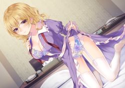 Rule 34 | 1girl, :/, bed, blonde hair, blush, breasts, buttons, cleavage, clothes lift, commentary request, commission, condom, condom wrapper, dress, dress lift, feet, floral print, frilled dress, frilled shirt collar, frilled sleeves, frills, garter straps, juliet sleeves, kaede (mmkeyy), kneeling, long sleeves, looking at viewer, maribel hearn, medium hair, neck ribbon, phone, pillow, puffy sleeves, purple dress, red neckwear, red ribbon, ribbon, self exposure, sex toy, shelf, skeb commission, solo, thighhighs, tissue, tissue box, touhou, undone neck ribbon, undone neckwear, vibrator, white thighhighs, yellow eyes