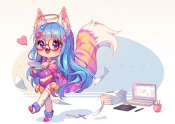 Rule 34 | 1girl, :d, animal ear fluff, animal ears, bare shoulders, blue hair, blush, breasts, chibi, cleavage, collar, commentary, commission, computer, english commentary, fang, glasses, hair ornament, hairclip, halo, heart, hyanna-natsu, jacket, laptop, long hair, long sleeves, looking at viewer, making-of available, medium breasts, navel, hugging object, off shoulder, open clothes, open jacket, open mouth, original, paper stack, paw hair ornament, pencil, pink jacket, puffy long sleeves, puffy sleeves, purple collar, purple eyes, purple shorts, red-framed eyewear, round eyewear, short shorts, shorts, smile, solo, standing, standing on one leg, star (symbol), star hair ornament, tail, tail raised, thighhighs, very long hair, white thighhighs