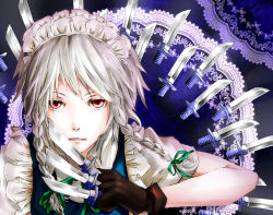Rule 34 | 1girl, bad id, bad pixiv id, between fingers, braid, face, female focus, gloves, holding, izayoi sakuya, knife, lace, maid headdress, o-zone, red eyes, silver hair, solo, throwing knife, too many, touhou, twin braids, weapon