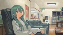 Rule 34 | 3girls, arm rest, armchair, bathhouse, blue eyes, blue hair, chair, character request, check character, closed mouth, commentary request, couch, easy chair, electric fan, from side, hair down, hatsune miku, indoors, kagamine rin, long hair, looking at viewer, meiko (vocaloid), muji (uimss), multiple girls, newspaper, night, on chair, sitting, solo focus, sweater, table, television, vending machine, video thumbnail, vocaloid, white sweater