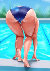 1girl absurdres ameyuki23 ass ass_focus back bent_over competition_swimsuit from_behind highres one-piece_swimsuit partially_visible_vulva pool poolside swimsuit thick_thighs thighs uriens