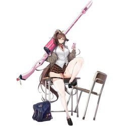 Rule 34 | 1girl, bag, black choker, black footwear, blue bag, blush, breasts, brown hair, brown skirt, chair, checkered clothes, checkered skirt, choker, closed mouth, collarbone, collared shirt, desk, feet on chair, grey eyes, grey sweater, gun, hair between eyes, hair ornament, hair ribbon, hairclip, heart, high ponytail, highres, holding, holding gun, holding phone, holding weapon, jewelry, khan the swift, lace, lace-trimmed panties, lace panties, lace trim, last origin, leg tattoo, leg up, lingerie, loafers, long hair, looking at viewer, medium breasts, mel (dodosae), microskirt, multiple rings, nail polish, neck ribbon, o-ring, o-ring choker, off shoulder, official alternate costume, official art, on desk, panties, pantyshot, partially unbuttoned, partially visible vulva, phone, pin, pink nails, pink panties, pink ribbon, ribbon, rifle, ring, school bag, school desk, school uniform, shirt, shoes, simple background, sitting, on desk, skindentation, skirt, solo, sweater, tachi-e, tattoo, thick thighs, thigh strap, thighhighs, thighs, third-party source, transparent background, underwear, very long hair, weapon, white shirt, white thighhighs, yellow ribbon