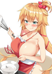 Rule 34 | 1girl, akai haato, alternate costume, apron, aqua eyes, asymmetrical hair, blonde hair, blush, bowl, breasts, closed mouth, collarbone, commentary, cooking, covered erect nipples, cowboy shot, cream, hair ornament, hair ribbon, heart, heart hair ornament, holding, holding whisk, hololive, kosuke (bb), lactating into container, lactation, large breasts, licking lips, long hair, looking down, naked apron, nipple stimulation, nipple tweak, one breast out, red apron, red ribbon, ribbon, side ponytail, simple background, smile, smirk, solo, standing, symbol-only commentary, thighs, tongue, tongue out, virtual youtuber, whisk, white background