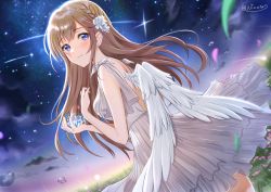 Rule 34 | 1girl, angel wings, artist name, blue eyes, blush, brown hair, closed mouth, commentary request, dress, feathered wings, long hair, looking at viewer, looking to the side, night, night sky, niwata0, original, outdoors, shooting star, sky, smile, solo, tears, twitter username, watermark, white dress, wings