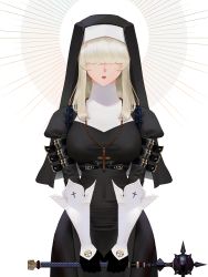 Rule 34 | 1girl, absurdres, arm belt, black dress, black gloves, blonde hair, blunt bangs, breasts, covered navel, cowboy shot, cross, cross necklace, dress, gloves, habit, hair over eyes, highres, holding, holding weapon, jewelry, large breasts, lips, long hair, mace, necklace, nun, original, parted lips, puffy sleeves, solo, spiked mace, spikes, straight hair, taut clothes, taut dress, two-tone gloves, weapon, white background, white gloves, wonbin lee