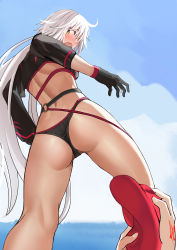 Rule 34 | 1girl, ahoge, ass, ayakumo, bikini, black bikini, black gloves, black jacket, breasts, cloud, cloudy sky, commentary request, covered clitoris, cropped jacket, day, fate/grand order, fate (series), from below, frontal wedgie, gloves, highres, jacket, jeanne d&#039;arc alter (swimsuit berserker) (fate), jeanne d&#039;arc (fate), jeanne d&#039;arc (swimsuit archer) (fate), jeanne d&#039;arc alter (fate), jeanne d&#039;arc alter (swimsuit berserker) (fate), large breasts, long hair, o-ring, o-ring bikini, o-ring bottom, o-ring top, ocean, open mouth, red thighhighs, removing legwear, shrug (clothing), single thighhigh, sky, solo focus, swimsuit, thighhighs, very long hair, wedgie, white hair, yellow eyes