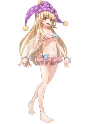 Rule 34 | 1girl, absurdres, american flag bikini, american flag print, bandeau, bangle, bare arms, bare legs, bare shoulders, barefoot, bikini, bikini skirt, blonde hair, bow, bracelet, breasts, clownpiece, collarbone, fairy wings, fang, feet, flag print, full body, hat, highres, jester cap, jewelry, long hair, looking at viewer, medium breasts, navel, open mouth, polka dot, print bikini, purple hat, red eyes, shunichi, simple background, smile, solo, sparkle, standing, star (symbol), star print, star tattoo, strapless, strapless bikini, striped, striped bow, swimsuit, tattoo, touhou, underboob, white background, wings
