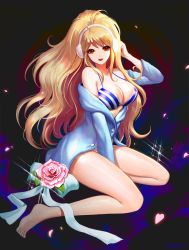 Rule 34 | 00s, 1girl, :d, ahoge, artist name, bad id, bad pixiv id, bare legs, barefoot, between legs, big hair, bikini, black background, blonde hair, blue bikini, blue nails, blue ribbon, blue shirt, breasts, cleavage, dungeon and fighter, earmuffs, eyelashes, flower, full body, halterneck, hand between legs, hand on own head, large breasts, lens flare, long hair, long sleeves, nail polish, off shoulder, open mouth, petals, phonic, pink flower, pink rose, red eyes, ribbon, rose, shirt, sitting, smile, solo, sparkle, striped bikini, striped clothes, swimsuit, unbuttoned, unbuttoned shirt, wavy hair, yokozuwari
