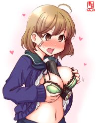 Rule 34 | 1girl, artist logo, bandaid, bandaid on face, between breasts, blue sailor collar, blue sweater, blush, bra, breasts, brown eyes, brown hair, clothes lift, commentary request, dated, ehoumaki, food, green bra, highres, kanon (kurogane knights), kantai collection, lace, lace bra, makizushi, navel, nose blush, oboro (kancolle), sailor collar, school uniform, serafuku, sexually suggestive, shirt lift, short hair, simple background, solo, sushi, sweater, tongue, tongue out, underwear, upper body, white background