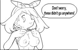 Rule 34 | 10s, 1girl, aliasing, alternate costume, bandana, bloggerman, bow, bra, bra lift, breasts, breasts out, clothes lift, covered erect nipples, creatures (company), english text, flashing, game freak, hair bow, hair ornament, hair ribbon, hairband, large breasts, lineart, lingerie, looking at viewer, lowres, may (pokemon), midriff, monochrome, nintendo, nipples, pokemon, pokemon oras, ribbon, shirt lift, smile, transparent background, underwear