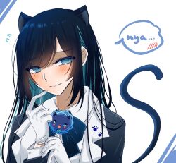 Rule 34 | 1girl, ado (utaite), animal ears, black coat, black hair, blue bow, blue bowtie, blue eyes, blue flower, blue hair, blue rose, blush, bow, bowtie, cat brooch, cat ears, cat girl, cat tail, chando (ado), closed mouth, cloud nine inc, coat, collared shirt, colored inner hair, commentary request, dress shirt, fangs, flower, flower brooch, gloves, highres, kemonomimi mode, long hair, long sleeves, looking at viewer, mole, mole under eye, multicolored hair, romaji text, rose, shadow, shirt, shoko (gs music11), solo, speech bubble, swept bangs, tail, two-tone hair, upper body, utaite, white background, white gloves, white shirt