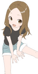Rule 34 | 1girl, :d, absurdres, black shirt, blue shorts, brown eyes, brown hair, commentary request, forehead, highres, karakai jouzu no takagi-san, long hair, looking at viewer, open mouth, shirt, short sleeves, shorts, simple background, sitting, smile, solo, t-shirt, takagi-san, thighs, white background, yamamoto souichirou