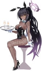 Rule 34 | 1girl, absurdres, animal ears, black hair, black leotard, blue archive, bow, bowtie, breasts, cleavage, closed mouth, commentary request, covered navel, dark-skinned female, dark skin, detached collar, fake animal ears, fake tail, fishnet pantyhose, fishnets, gloves, halo, high ponytail, highres, holding, holding tray, karin (blue archive), karin (bunny) (blue archive), large breasts, leotard, long hair, looking at viewer, number tattoo, official alternate costume, pantyhose, playboy bunny, rabbit ears, rabbit tail, riel (ataraxia2334), sitting, solo, stool, strapless, strapless leotard, tail, tattoo, thighs, tray, very long hair, wrist cuffs, yellow eyes