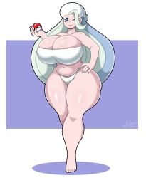 Rule 34 | 1girl, absurdres, bare legs, bare shoulders, barefoot, blue eyes, blue hair, breasts, cleavage, closed mouth, collarbone, creatures (company), curvy, full body, game freak, grey hair, hand on own hip, highres, holding, holding poke ball, huge breasts, jewelry, long hair, looking at viewer, mature female, mehdrawings, melony (pokemon), multicolored hair, nail polish, navel, nintendo, one eye closed, panties, plump, poke ball, poke ball (basic), pokemon, pokemon swsh, ring, simple background, smile, solo, standing, strapless, thick thighs, thighs, two-tone hair, underwear, white background, white panties, wide hips