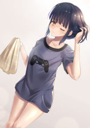 Rule 34 | 1girl, ;, black hair, brown eyes, collarbone, controller, dutch angle, game controller, grey background, hand in own hair, highres, long hair, looking at viewer, medium hair, one eye closed, original, shirt, solo, standing, sweatdrop, t-shirt, white ph