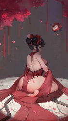 Rule 34 | 1girl, 2017, absurdres, alternate costume, artist name, ass, back, bare shoulders, beads, black-framed eyewear, breasts, brown eyes, brown hair, cable, cherry blossoms, closed mouth, dated, detached sleeves, dress, drone, floating, flower, from behind, gaoerji, glasses, hair bun, hair ornament, hair stick, highres, large breasts, looking at viewer, looking back, machinery, medium breasts, mei (overwatch), overwatch, overwatch 1, pelvic curtain, petals, profile, red dress, red lips, robot, short hair, sidelocks, sideways glance, single hair bun, sitting, sleeveless, sleeveless dress, sleeves past wrists, snowball (overwatch), soles, solo, toes, tree, wariza