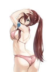 Rule 34 | 1girl, ass, bikini, breasts, brown eyes, cowboy shot, erza scarlet, fairy tail, from behind, hair ornament, hair over one eye, hair scrunchie, hands in hair, head tilt, large breasts, long hair, looking at viewer, looking back, mashima hiro, official art, pink bikini, red hair, scrunchie, sideboob, simple background, solo, swimsuit, tattoo, underboob, white background