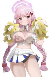 Rule 34 | 1girl, bare shoulders, black panties, blue archive, braid, breasts, cheerleader, cleavage, clothes writing, cowboy shot, crop top, eimi (blue archive), hair ornament, hairclip, halo, highres, holding, holding pom poms, komukai nataco, large breasts, light blush, long hair, midriff, panties, pink eyes, pink hair, pom pom (cheerleading), pom poms, simple background, skirt, sleeveless, solo, standing, star (symbol), sweat, swept bangs, twin braids, underwear, white background