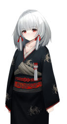 Rule 34 | 1girl, absurdres, black kimono, closed mouth, collarbone, commentary request, copyright request, floral print, grey hair, hair ribbon, highres, japanese clothes, kimono, long hair, long sleeves, looking at viewer, obi, print kimono, red eyes, red ribbon, ribbon, sash, simple background, sleeves past wrists, solo, takanoriha kasui, white background, wide sleeves