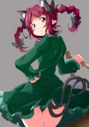 Rule 34 | 1girl, animal ears, black panties, braid, bwell, cat ears, cat tail, dress, extra ears, from behind, green dress, grey background, hand on own hip, juliet sleeves, kaenbyou rin, long sleeves, looking at viewer, looking back, multiple tails, nekomata, panties, pantyshot, pointy ears, puffy sleeves, red eyes, red hair, solo, standing, tail, thigh gap, touhou, twin braids, underwear, upskirt