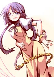 Rule 34 | 1girl, :d, \||/, breasts, chain, dancing, dress, dutch angle, gold chain, hemogurobin a1c, long hair, looking at viewer, open mouth, puffy short sleeves, puffy sleeves, purple eyes, purple hair, short sleeves, simple background, smile, solo, touhou, tsukumo benben