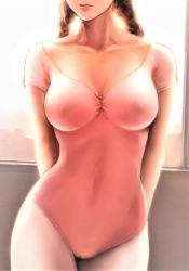 Rule 34 | 1girl, aino (acilealaulica), arms behind back, backlighting, ballet, bloom, braid, breasts, brown hair, collarbone, covered erect nipples, covered navel, cowboy shot, dutch angle, facing viewer, head out of frame, highres, jpeg artifacts, leotard, lips, medium breasts, original, pantyhose, pink leotard, realistic, see-through, short sleeves, solo, standing, twin braids, white pantyhose, window