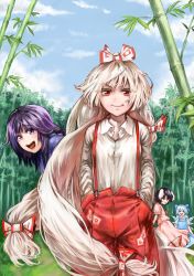 Rule 34 | 4girls, alternate hair length, alternate hairstyle, animal ears, bamboo, bamboo forest, black hair, blue dress, blue hair, blue sky, bow, rabbit ears, character request, cirno, cloud, colored eyelashes, day, dress, forest, fujiwara no mokou, hair bow, hair ribbon, hands in pockets, ice, ice wings, inaba tewi, jewelry, long hair, long sleeves, looking at viewer, multiple girls, nature, necklace, open mouth, pants, pink dress, puffy sleeves, purple eyes, purple hair, red eyes, ribbon, shirt, short hair, short sleeves, silver hair, sky, smile, touhou, very long hair, wings, woominwoomin5
