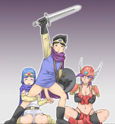 Rule 34 | 1boy, 2girls, armor, belt, bikini armor, black eyes, black footwear, black hair, black legwear, blue eyes, blue hair, boots, bottomless, breasts, cape, censored, cleavage, dragon quest, dragon quest iii, flat chest, gloves, gradient background, helmet, highleg, indian style, large breasts, large penis, long hair, looking at penis, makochin, matching hair/eyes, mosaic censoring, multiple girls, outline, panties, pantyshot, penis, penis awe, purple eyes, purple hair, red footwear, red gloves, roto (dq3), sage (dq3), shield, short hair, simple background, sitting, small breasts, socks, soldier (dq3), square enix, sword, thigh strap, tunic, underwear, wariza, weapon, white panties, yellow footwear