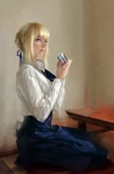 Rule 34 | 1girl, ahoge, artoria pendragon (fate), blonde hair, blue eyes, cup, derivative work, fate/stay night, fate (series), hair ribbon, pantyhose, photorealistic, pillow, realistic, ribbon, saber (fate), seiza, sitting, solo, table